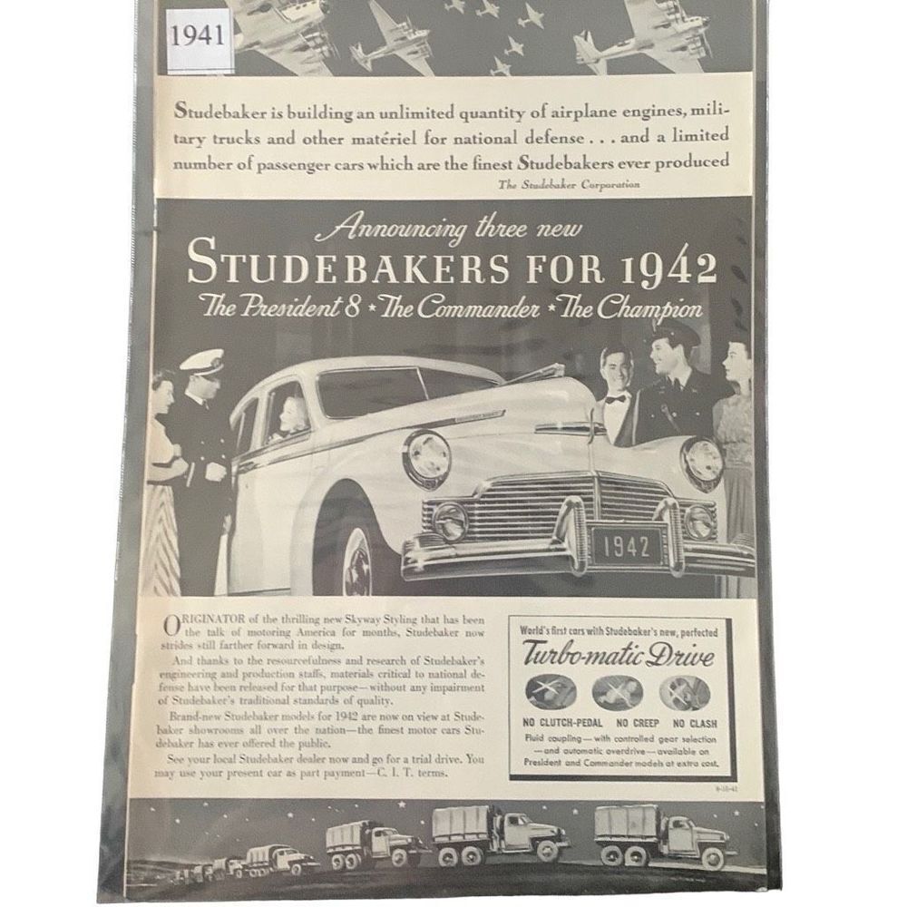Vintage 1942 Studebaker Three New President 8 Commander Champion Ad Advertisemen